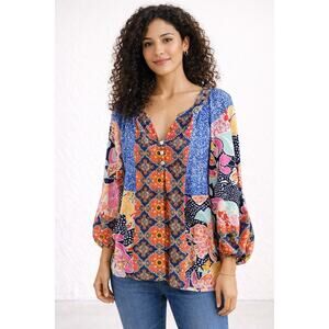 Size XL Boho Patchwork Blouse Womens Colorful Floral Paisley Mixed Print Peasant